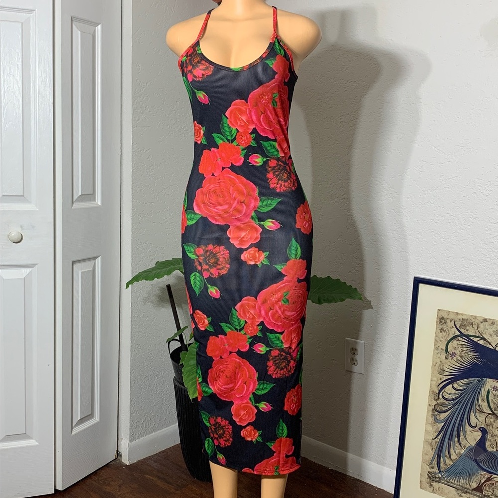 Rose Print Bodycon Dress L-XL, Summer Low Cut Spaghetti Strap - Picture 2 of 4